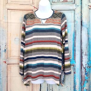 Boho Embroided Striped Long Sleeve Shirt